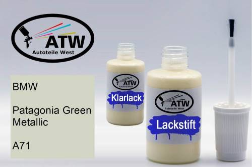 BMW, Patagonia Green Metallic, A71: 20ml Lackstift + 20ml Klarlack - Set, von ATW Autoteile West.